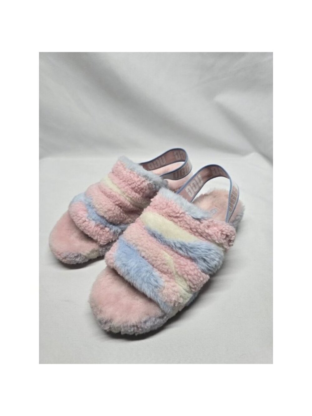 UGG FLUFF YEAH SLIDE Slippers Cali Collage Women's 10 Pastels Pink Blue White